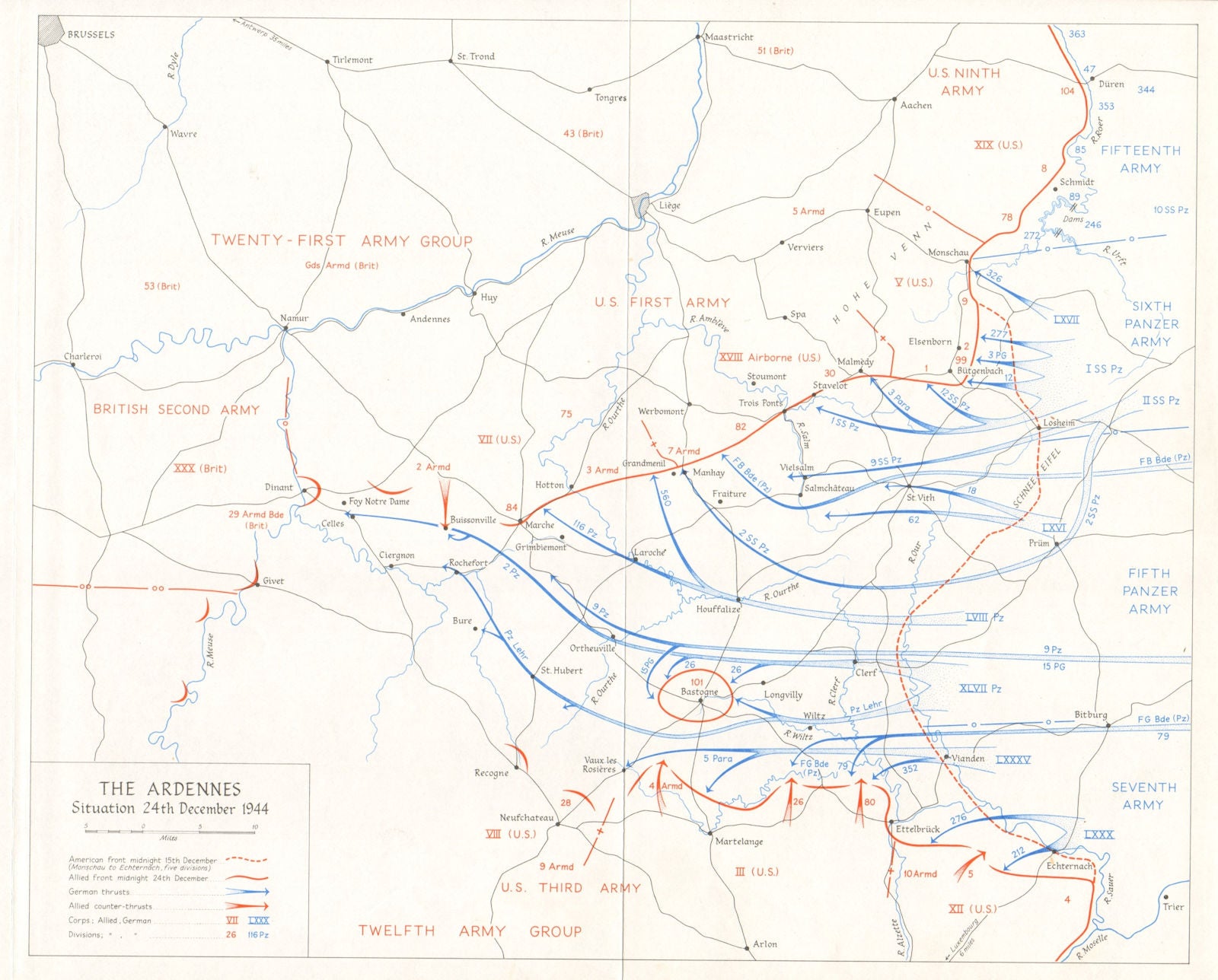 Battle of the Bulge. Ardennes 24 December 1944 German counter-offensive 1968 map